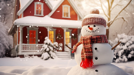 Festive snowman in a classic yard, card for winter and Christmas holidays. Beautiful house and joyful atmosphere in a seasonal sceneの素材