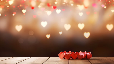 Wooden table with hearts and defocused bokeh hearts and rounds in pink and red colors, template with heart symbols, a mockup scene for Valentine's Day, anniversaries, and other heartfelt occasions.の素材