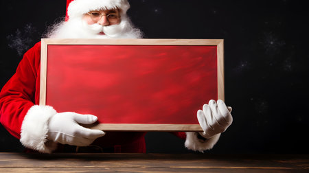 An older man in Christmas costume holding blank wooden board for text, Christmas promo, ad or advertisement concept on Christmas dark backgroundの素材