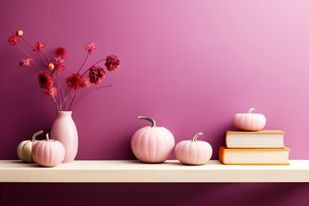 Home interior desk with cozy autumn decor and books in purple, magenta colors. Minimalist fall interior with cozy atmosphere, desk with ceramic vases and pumpkins, dry red leavesの素材