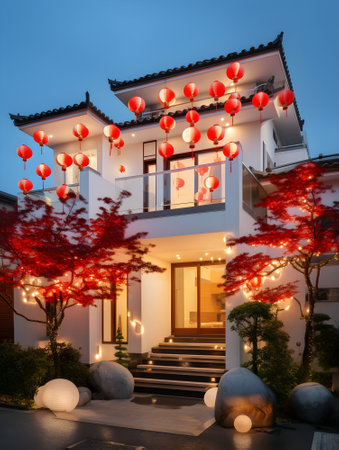 Modern suburban home aglow with the warmth of Lunar New Year lanterns, merging modern architecture with festive tradition at dusk. Chinese New Year conceptの素材