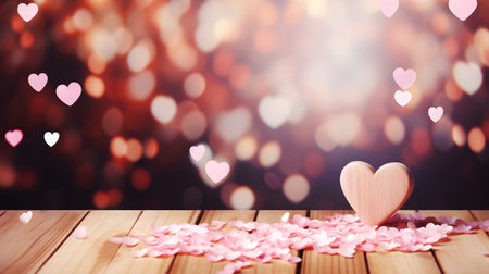 Empty wooden table with defocused bokeh hearts and rounds in pink and red colors, template with heart symbols, a mockup scene for Valentine's Day, anniversaries, and other heartfelt occasions.の素材