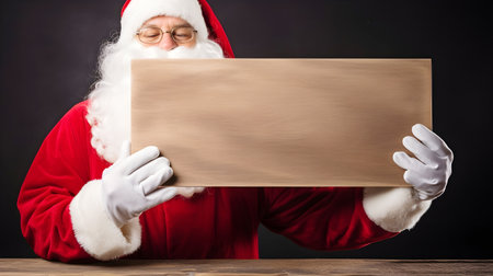 An older man in Christmas costume holding blank wooden board for text, Christmas promo, ad or advertisement concept on Christmas dark backgroundの素材
