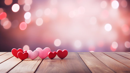 Empty wooden table with defocused bokeh hearts and rounds in pink and red colors, template with heart symbols, a mockup scene for Valentine's Day, anniversaries, and other heartfelt occasions.の素材