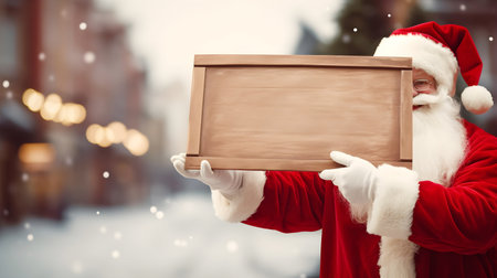 A man in Christmas costume holding blank wooden board for text, Christmas promo, ad or advertisement concept on Christmas street, city decorated for holidaysの素材