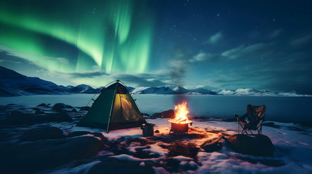 A cozy tent, crackling campfire, and the allure of Northern Lights offering solitude, soulful rest, tranquil connection with nature. Concept of taking a break, disconnection from the world.の素材