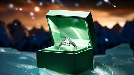 Engagement ring with a precious stone in a green gift box, nestled in snow against the background of a polar night with northern lights.の素材