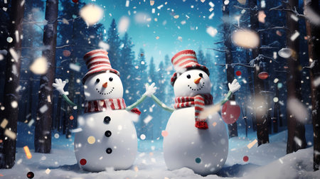 Festive snowmen come alive in a magical forest at night, dancing and celebrating in a whimsical and enchanting Christmas and New Year's party under the sparkling lights and baubles.の素材