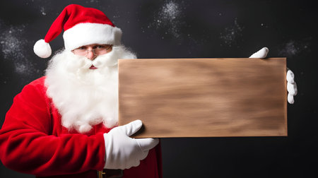An older man in Christmas costume holding blank wooden board for text, Christmas promo, ad or advertisement concept on Christmas dark backgroundの素材