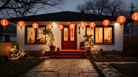 Modern suburban home aglow with the warmth of Lunar New Year lanterns, merging modern architecture with festive tradition at dusk. Chinese New Year conceptの素材