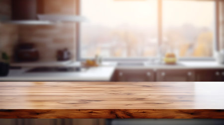 Oak wooden table, empty for mockup, on defocused background with warm and cozy kitchen with view at city. Warmly inviting and cozy kitchen setting with an empty wooden table for showcasing designsの素材