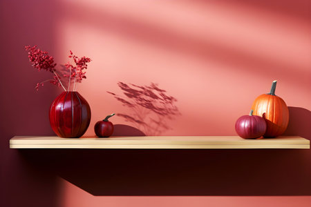 Home interior desk with cozy autumn decor in purple, orange colors. Minimalist fall interior with cozy atmosphere, desk with ceramic vases and pumpkins, dry leaves and flowersの素材