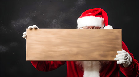 An older man in Christmas costume holding blank wooden board for text, Christmas promo, ad or advertisement concept on Christmas dark backgroundの素材
