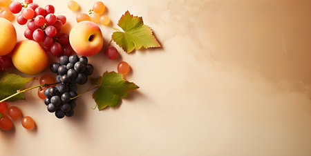 Autumn harvest, autumn fruits concept, flat lay fruits banner on warm cbackground, sunny and cozy fall sceneの素材