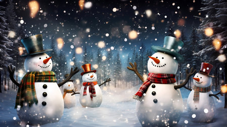 Festive snowmen come alive in a magical forest at night, dancing and celebrating in a whimsical and enchanting Christmas and New Year's party under the sparkling lights and baubles.の素材
