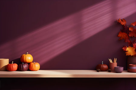 Home interior desk with cozy autumn decor in purple, orange colors. Minimalist fall interior with cozy atmosphere, desk with ceramic vases and pumpkins, dry leaves and flowersの素材