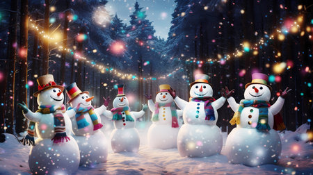 Festive snowmen come alive in a magical forest at night, dancing and celebrating in a whimsical and enchanting Christmas and New Year's party under the sparkling lights and baubles.の素材