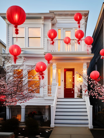 Modern suburban home aglow with the warmth of Lunar New Year lanterns, merging modern architecture with festive tradition at dusk. Chinese New Year conceptの素材