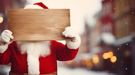 A man in Christmas costume holding blank wooden board for text, Christmas promo, ad or advertisement concept on Christmas street, city decorated for holidaysの素材