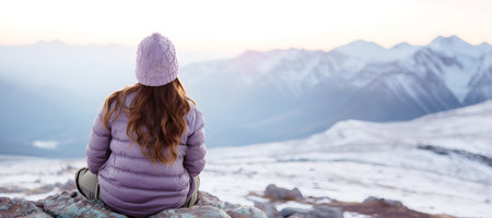 A lonely woman finds solitude and mindfulness in the tranquil winter mountains. Concept of escaping the digital world, seeking relaxation, reflection, and self-discoveryの素材