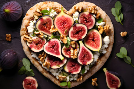 Pizza or toast with goat cheese, figs and nuts in shape of heart on dark wooden background, top view, flat lay, meal for romantic date, Saint Valentines dayの素材