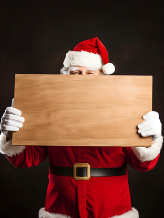 An older man in Christmas costume holding blank wooden board for text, Christmas promo, ad or advertisement concept on Christmas dark backgroundの素材