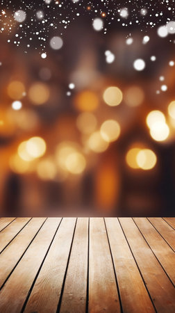 Oak wooden table, empty for mockup, on defocused background with warm and cozy decorated Christmas street with lights and glitter at night.の素材
