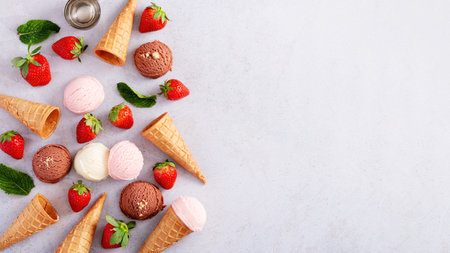 Ice cream cones frame flat lay on light gray tableの写真素材