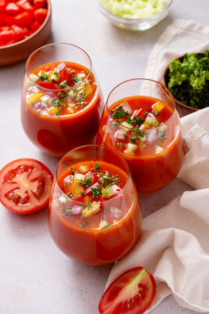 Spanish tomato gazpacho cold soup styled and decorated in glassesの写真素材