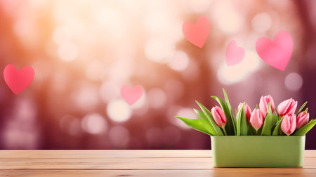 Empty wooden table with tulips with defocused bokeh hearts and rounds in pink and red colors, template with heart symbols, a mockup scene for Valentine's Day, anniversaries, and other heartfelt occasions.の素材