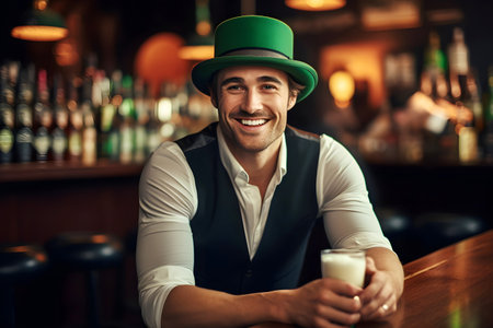 Young smiling man in work clothes and costume drinking beer and celebrating after work Saint Patricks Day in a local bar, man smiling in camera, Saint Patrick's day holiday conceptの素材