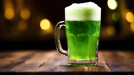 Closeup of vibrant green beer on a bar counter, Saint Patrick's Day celebrationの素材