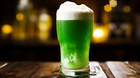 Closeup of vibrant green beer on a bar counter, Saint Patrick's Day celebrationの素材