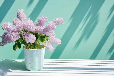 Elegant spring still life with lilacs in a pastel-hued interior. Minimalistic decor featuring a vase of delicate blossoms against a wall with sun and shadowの素材