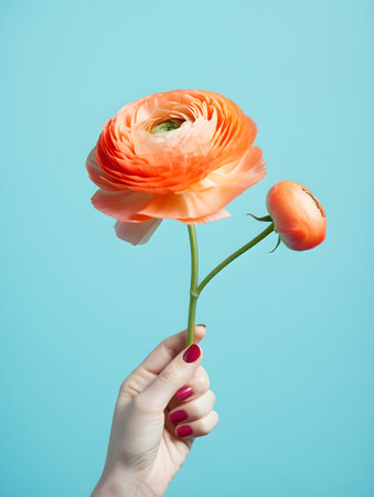 Woman hand holding a delicate peach color buttercup or ranunculus on pastel color background, fresh spring flower in pastel spring color paletteの素材