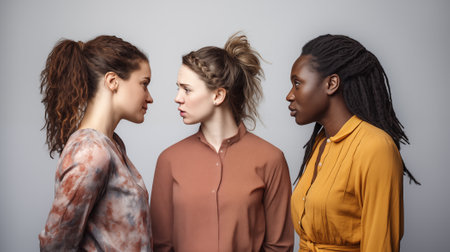 three young women of different races engaged in meaningful conversation, reflecting the strength and empowerment of women in a multicultural and supportive communityの素材