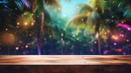 Empty wooden table mockup with defocused tropical nature in neon lighting background, summer vacation nights and nightlife conceptの素材