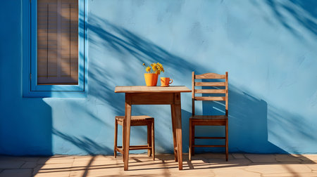 Mediterranean architecture, rustic decor with vintage wooden furniture outside, cottagecore lifestyle with old-fashioned furniture in blue and orabge colorsの素材