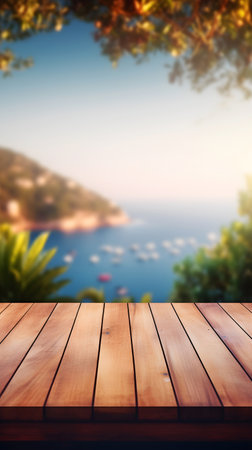 Empty wooden table mockup with defocused warm sea and yachts in sunset background, summer vacation and travel conceptの素材