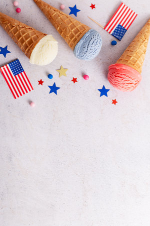 USA flag-inspired ice cream, 4th of July dessert, top viewの写真素材