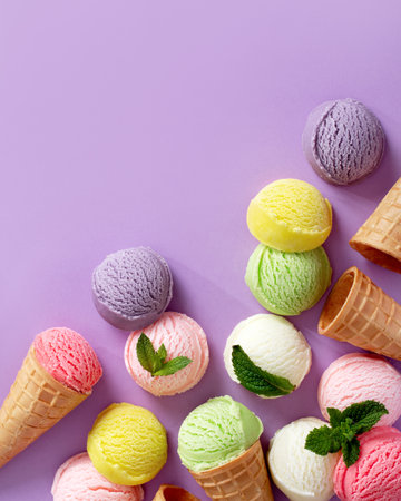 Pastel colored ice cream scoops and cones frame on pastel violet backgroundの写真素材