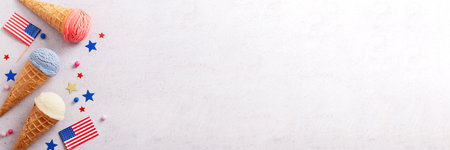 USA flag-inspired ice cream, 4th of July dessert, top view, web bannerの写真素材