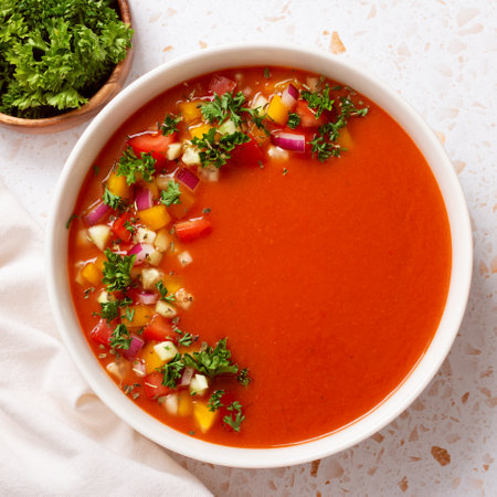 Spanish tomato gazpacho cold soup styled and decorated in white plate with ingredients on white table, top viewの写真素材