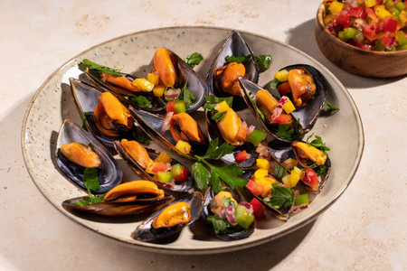Steam cooked mussels with Vinaigrette garnish on plate, top view, Mediterranean cuisine.の写真素材