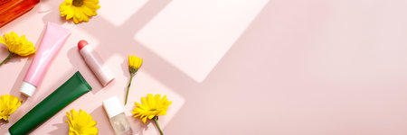 Moisturizer, cleansing oil, makeup items on pastel background filled with shadows, copy space, web bannerの写真素材