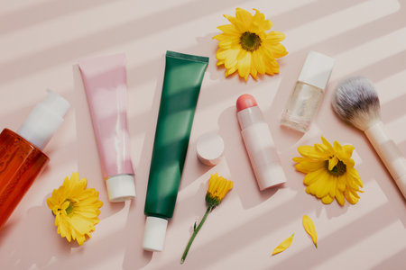 Beauty products flat lay with moisturizer, cleansing oil, lotion, makeup items on pastel background filled with shadowsの写真素材