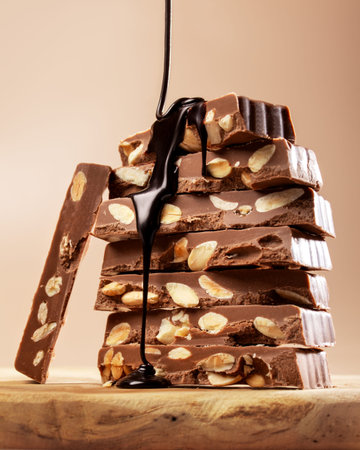 Closeup shot of stacked chocolate bars or turron bars with macro texture with chocolate pouring from...