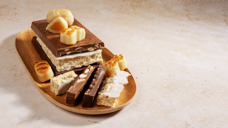 A wooden platter with traditional Spanish Christmas sweets: turron and marzipan on a beige stone backgroundの写真素材
