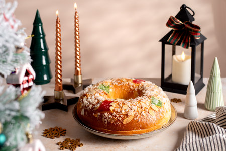 Spanish Three kings cake on decorated table with Christmas tree and burning candles, celebration of Three Kings Dayの写真素材