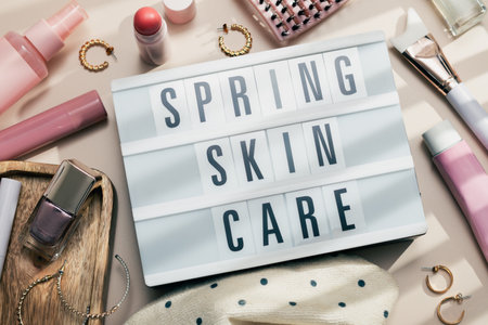 Beauty products background flat lay with spring skincare, haircare and makeup items on beige, copy spaceの写真素材